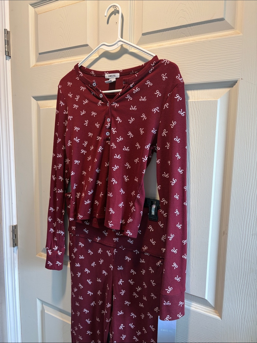 Always Girls Maroon Bow-Print Two-Piece Pajama Set